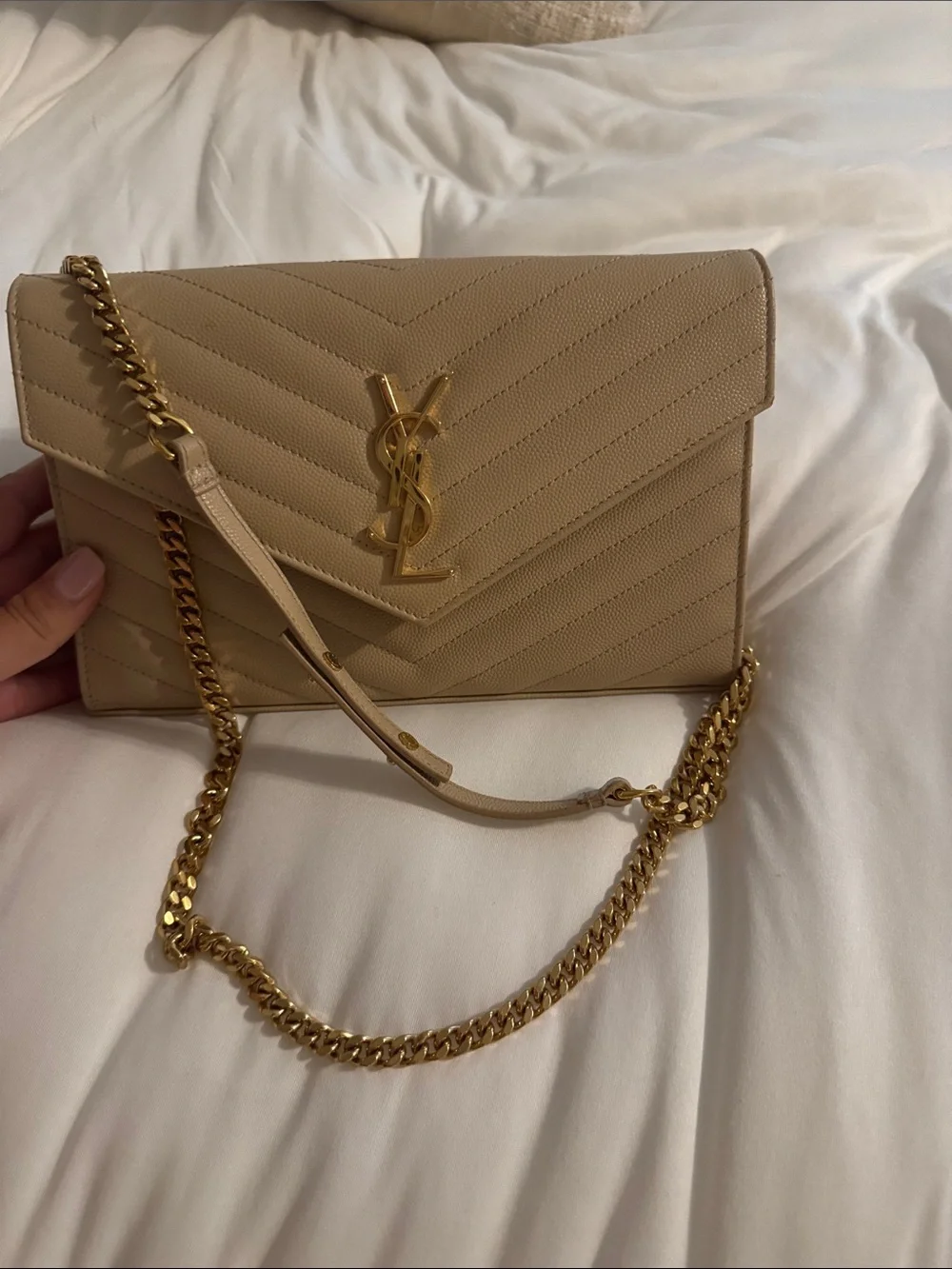 Saint Laurent Tan Quilted Leather Envelope Clutch with Gold YSL Logo
